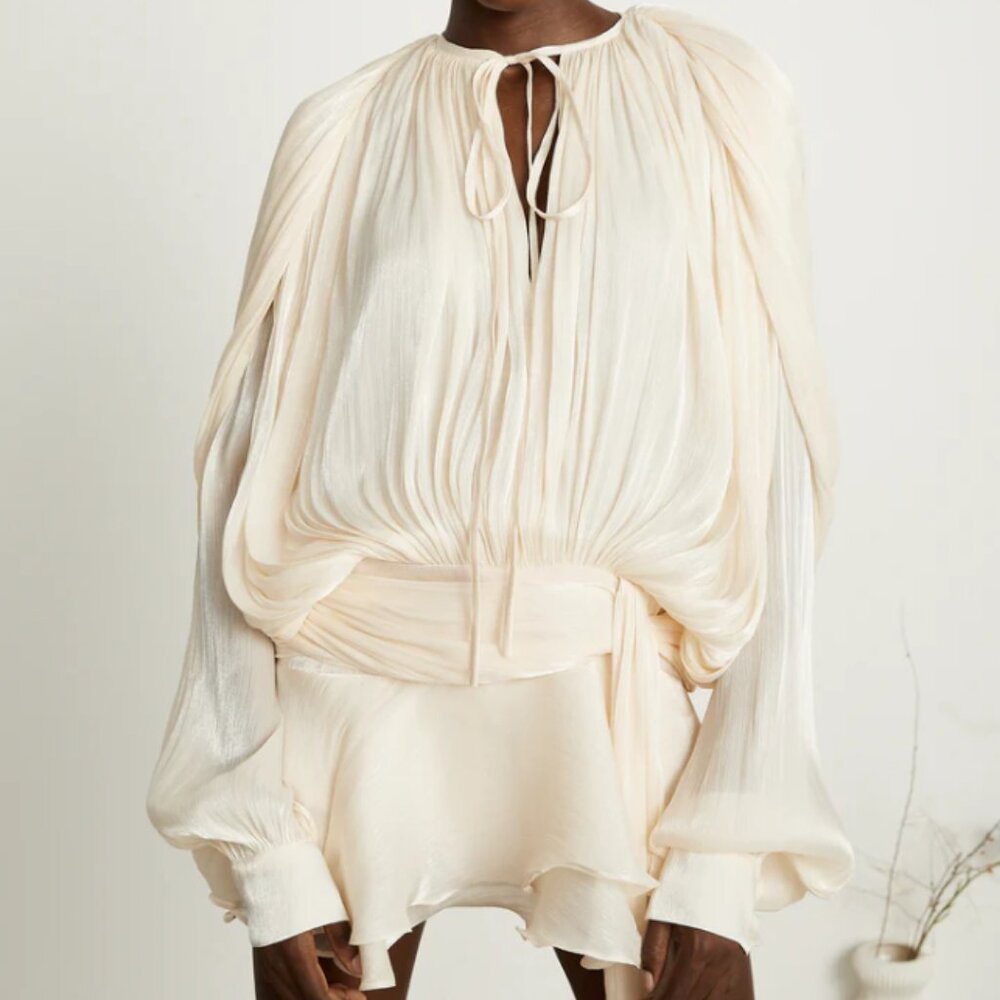 Elegant Cream Mini Dress with Pleated Blouson Top